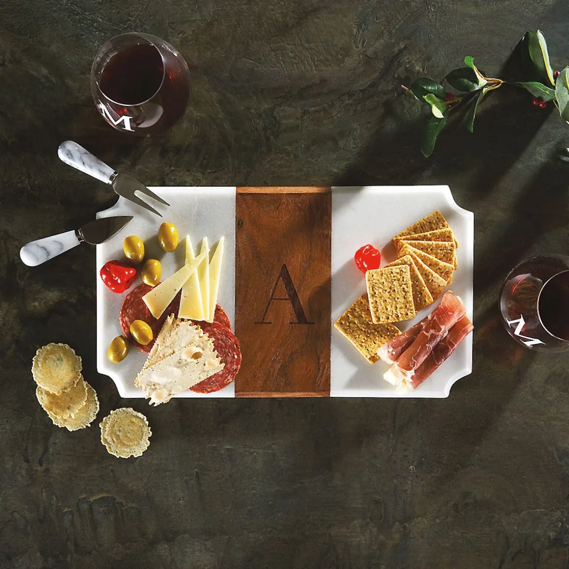White Marble & Wood Serving Board with Initial